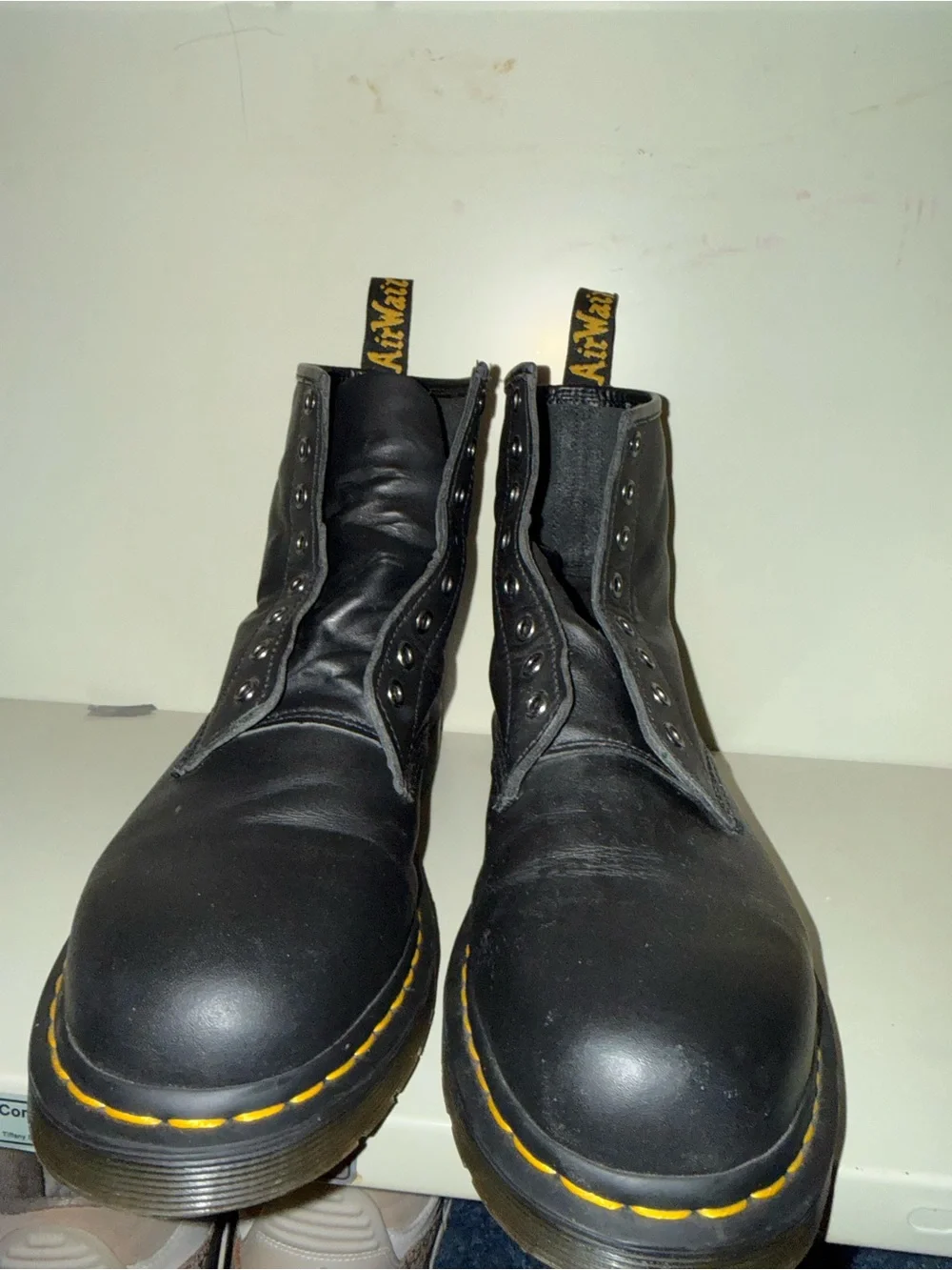 Dr. Martens Black Leather 8-Eye Boots with Yellow Stitching